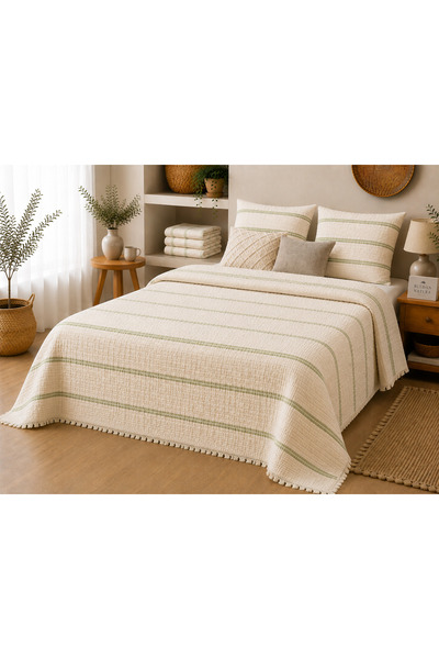 Müslin Yorgan Krem Yeşil Çizgili 240×260 cm – %100 Pamuk, Saçaklı Çift Kişilik Yatak Örtüsü