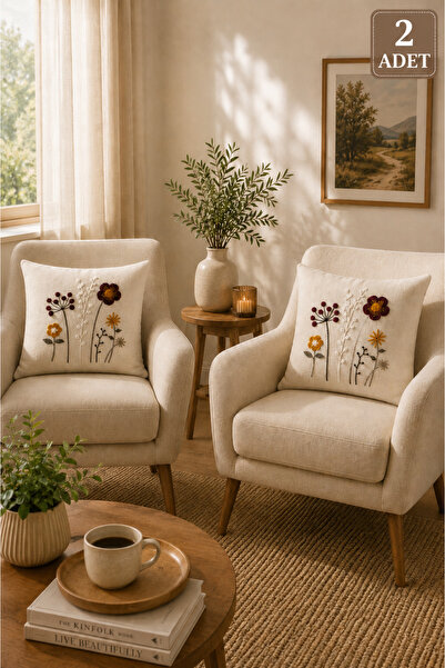 SEVMİŞ HOME 2 Piece Punch Cushion Cover 43X43 cm – Decorative Embroidered Cus...