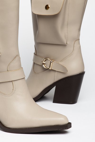 MS SUGAR SHOES Women's Cowboy Boots - Suede Look, Pointed Toe, Pocket Detail, Buckle, Thick Heel