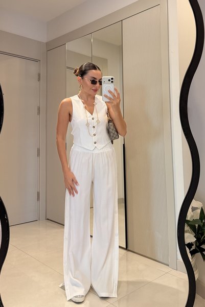 Gizem Ecemiş Bunny Beyaz Tensel Yanları Çıt Çıt Detay Palazzo Pantolon