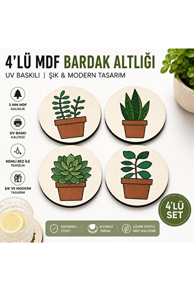 kids town Plant Patterned 4-Piece Round Mdf Coasters – Succulent Cactus Theme...