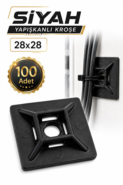 Badem10 [100 ADET] Yapışkanlı Kroşe Siyah 28x28 mm Kablo Bağı Tutucu Sabitlem...