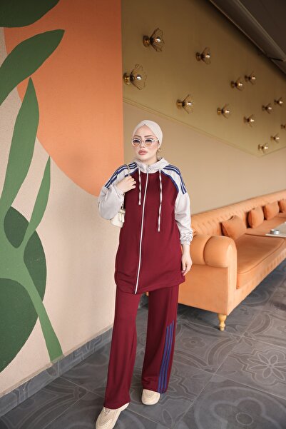 MİMİ Luxury Wear طقم بدلة رياضية نسائية بثلاث قطع بقلنسوة وسحاب وخطوط باللون ...