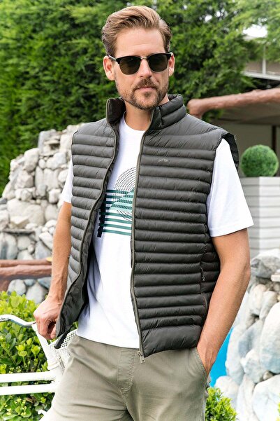 PIQUE Men's Winter Regular Fit Stand Collar Pocket Quilted Puffer Vest Khaki