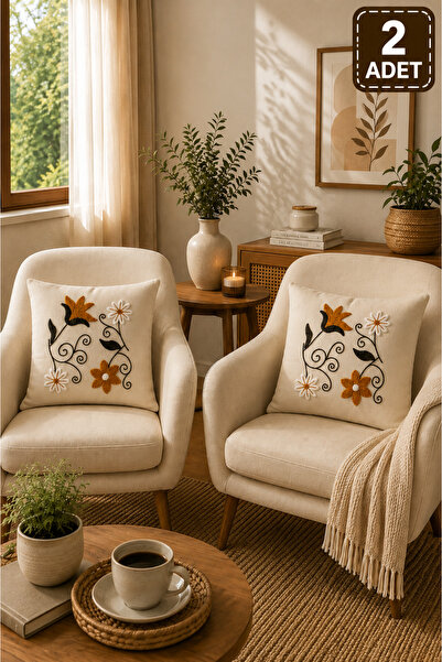 SEVMİŞ HOME 2 Piece Punch Cushion Cover 43X43 cm – Decorative Embroidered Cus...