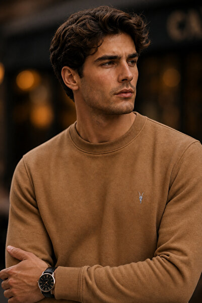 MAXIMILLIAN Men's Caramel Basic Crew Neck Relaxed Sweatshirt