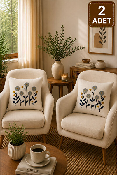 SEVMİŞ HOME 2 Piece Punch Cushion Cover 43X43 cm – Decorative Embroidered Cus...