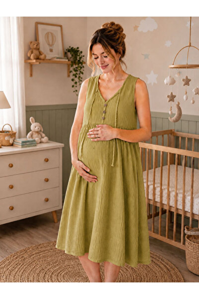 cesita Women's Green 100% Cotton Muslin Fabric Casual Maternity Dress