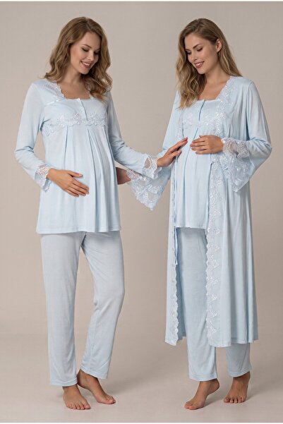 LOHOUSE Women's Blue Lace Long Sleeve Maternity Pajama Set with Dressing Gown...