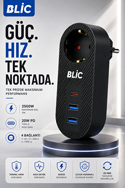 Merwish Akım Korumalı Priz 2500W BLIC 10A, 20W PD Type-C Hızlı Şarj, 2 USB-A, Çocuk Korumalı Çoklu Priz Adaptörü