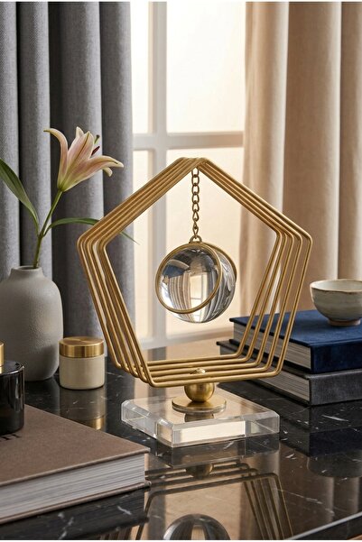 DEVADA HOME Gold Kristal Cam Küreli Geometrik Beşgen Standlı Dekoratif Metal ...