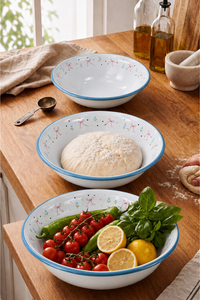 İnci Emaye 32-36-40 Cm 3 Parça Emaye Leğen Çırpma Ve Karıştırma Kabı Seti. Ha...
