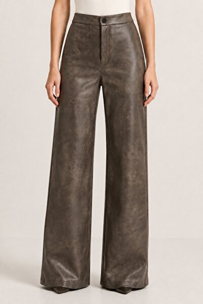 Grenj Fashion Khaki Gradient Effect Faux Leather Wide Leg Trousers