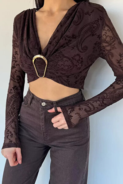TOZLU Bluză crop top pentru femei, cu umăr căptușit și cataramă în față