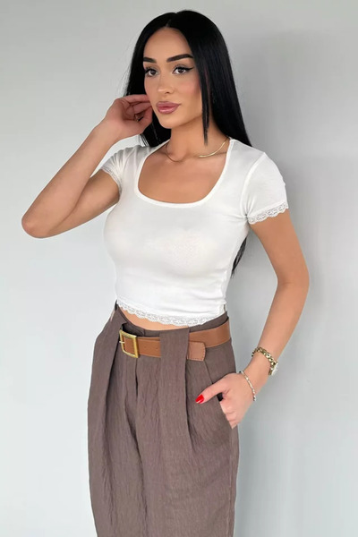 TOZLU Women's Lace Detailed Lycra Crop Top Blouse