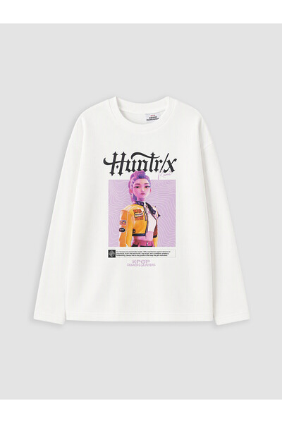 LC Waikiki Lcw Kids White Crew Neck Printed Girls' Long Sleeve T-Shirt