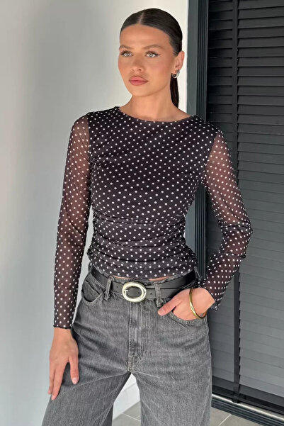 TOZLU Women's Waist Gathered Polka Dot Blouse