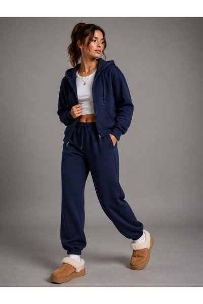 Shine Stone Women's Oversize Hooded Zip-Up Tracksuit Set – Sweatshirt & Jogger Pants