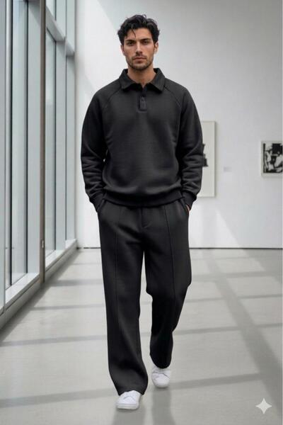 CAST COLLECTİON Erkek Siyah Roberto Düğmeli Sweat Alt-Üst Takım