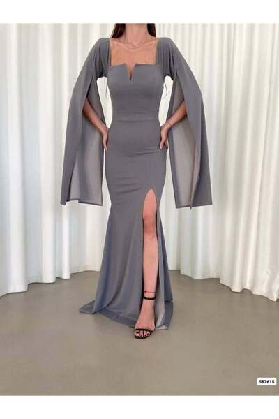 Modafeminen Gray Cape Sleeve Slit Fish Tail Evening Dress 582615