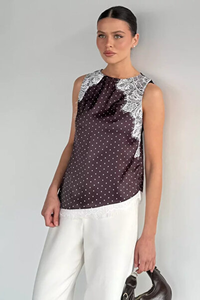 TOZLU Women's Lace Detailed Polka Dot Zero Sleeve Satin Blouse