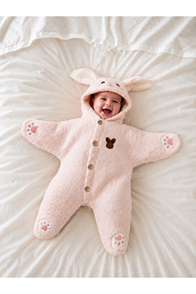 masilya brand Tavşan Kulaklı Kapüşonlu Peluş Bebek Tulum Pembe