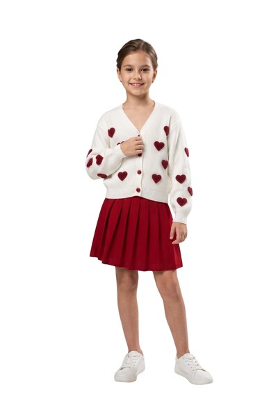NEWKİDS Girl's Suit with Skirt and Cardigan, Long Sleeve, Heart-Patterned Skirt with Trim Detail, Krmz New Season.