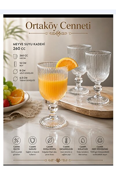 ORTAKÖYCENNETİ Juice Glass Cup Line Origami Model 6 Units Glass with Foot 260...