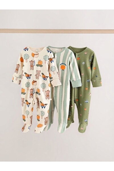 Next Baby Pamuklu Adaçayı Yeşili Balkabağı Desenli 3'lü Tulum Set