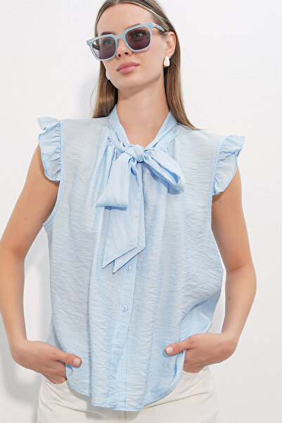 Merterium Women's Collar Tie Zero Sleeve Shirt 1568 - Blue