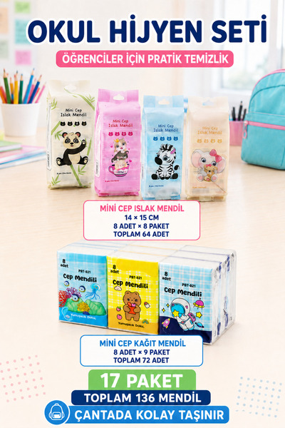 İnfeta 17 Piece Student Hygiene Set 8 Wet Wipes 9 Dry Wipes Bag Size Hygiene ...