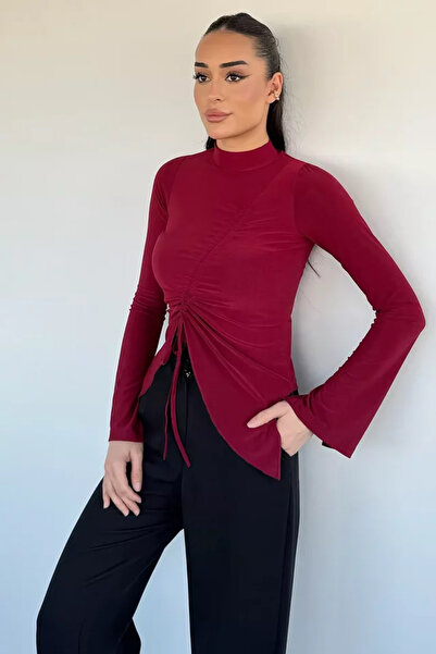 TOZLU Asymmetrical Cut Front Gathered Women's Blouse