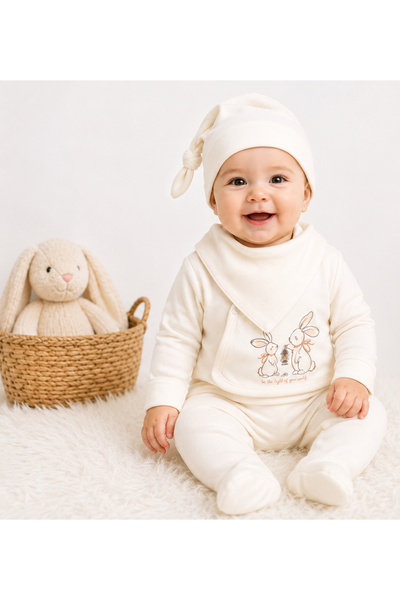 İrem Çocuk Giyim Baby Girl Rabbit Patterned Snap Closure Four-Piece Bodysuit ...