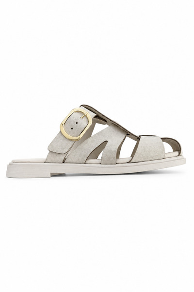 Ekonomik Ayakkabı Women's Ecru Nubuck Buckle Slippers – Comfortable Flat Sole...