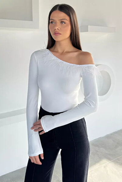TOZLU Women's Off-Shoulder Front Feathered Lycra Blouse