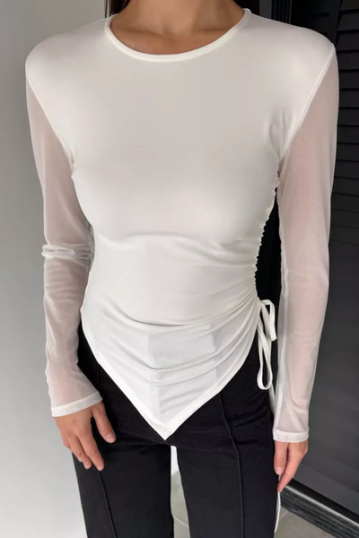 TOZLU Women's Tulle Lycra Blouse with Side Gathered Detail on the Sleeves