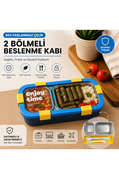MUZEKO Enjoytime 2 Bölmeli Paslanmaz Çelik Yemek Kabı Sızdırmaz Kapaklı Taşın...