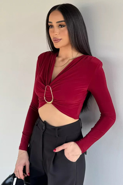 TOZLU Women's V-Neck Gathered Crop Top Blouse with Gold Buckle Detail