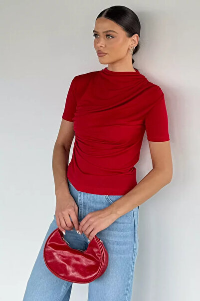 TOZLU Women's Shoulder and Waist Draped Short Sleeve Blouse