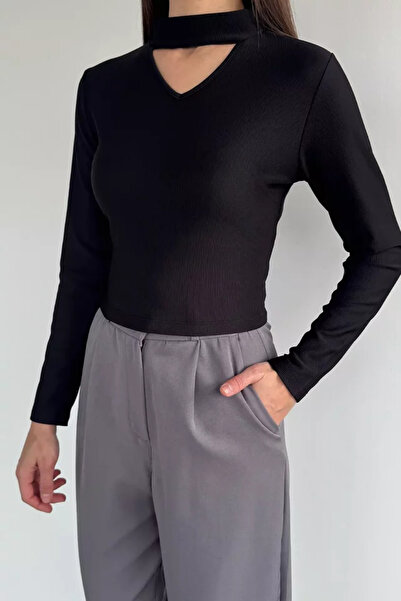 TOZLU Women's Blouse with Front Window and Self-Line Pattern