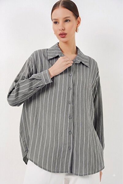 Merterium Women's Striped Oversize Shirt 1346 - Gray
