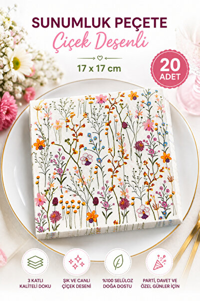 KEA Çiçek Desenli Sunumluk Peçete 17x17 cm Renkli Çiçekli Şık Sofra Peçetesi ...