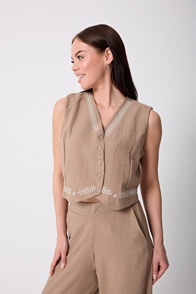 urban wear URBAN KADIN BEJ Müslin Keten Nakışlı Yelek - 2523