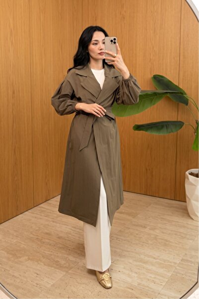 MODAQU Elastic Sleeve Belted Lined Trench Coat - Khaki