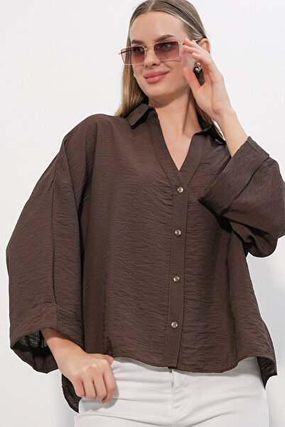 Merterium Women's Wide Sleeve Oversize Shirt 1558 - Brown