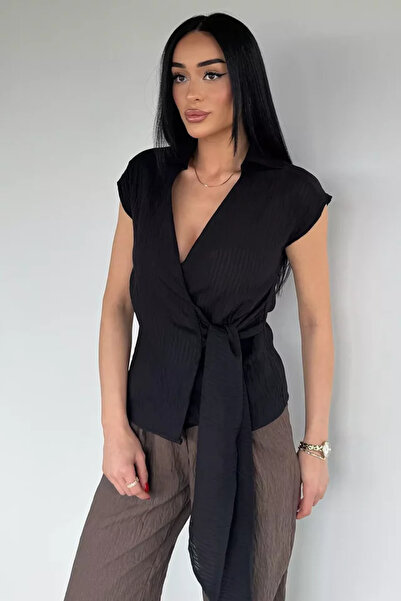 TOZLU Women's Double Breasted Collar Tie Blouse
