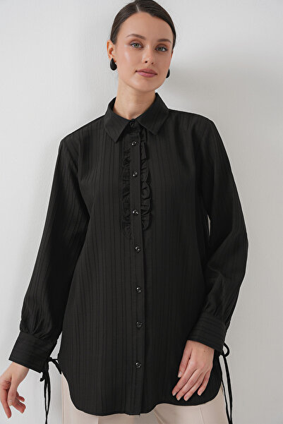 Merterium Women's Ruffled Long Shirt Tunic 1566 - Black