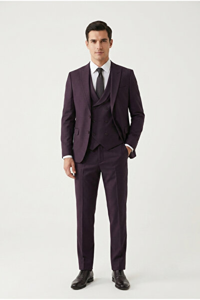 bihan store Men's 6 Drop Slim Fit Vest Suit Double Slit Gold Bird Eye - Plum