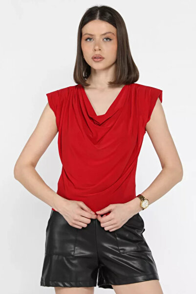 TOZLU Draped Women's Blouse with Shoulder Pads