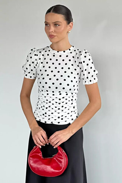 TOZLU Women's Front Gathered Polka Dot Blouse